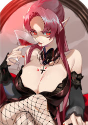 Rule 34 | 1girl, azur lane, bare shoulders, blood, breasts, choker, cleavage, collarbone, cross, cup, drinking glass, dripping, duke of york (azur lane), fang, fishnets, highres, jewelry, large breasts, long hair, looking at viewer, pink hair, pointy ears, red eyes, solo, wine glass