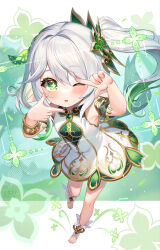 Rule 34 | 1girl, barefoot, blush, cape, cross-shaped pupils, detached sleeves, dress, feet, genshin impact, gold trim, gradient hair, green cape, green eyes, green hair, hair ornament, highres, lalazyt, long hair, multicolored hair, nahida (genshin impact), one eye closed, open mouth, pointy ears, side ponytail, solo, symbol-shaped pupils, toes, white dress, white hair