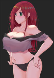 Rule 34 | 1girl, bare shoulders, black panties, blush, breasts, cleavage, cowboy shot, green eyes, highres, katarina (league of legends), large breasts, league of legends, long hair, looking to the side, navel, off shoulder, panties, pao mian+dan, red hair, scar, scar across eye, scar on face, see-through, solo, underwear