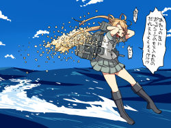Rule 34 | 10s, 1girl, abukuma (kancolle), arms behind head, blonde hair, blue sky, blush, boots, buttons, cannon, closed eyes, cloud, commentary request, day, double bun, food, hair between eyes, hair bun, hair rings, kantai collection, knee boots, kozou (rifa), long hair, machinery, ocean, open mouth, pleated skirt, popcorn, school uniform, serafuku, short sleeves, skirt, sky, solo, translation request, turret, twintails, water