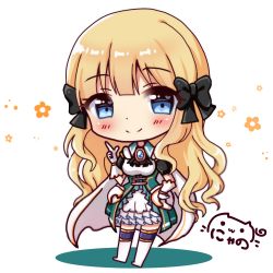 Rule 34 | 1girl, black bow, blonde hair, blue eyes, blunt bangs, blush, boots, bow, breasts, brooch, character request, chibi, closed mouth, collared dress, commentary request, detached sleeves, dress, full body, gloves, hair bow, hand up, heart, heart in eye, highres, index finger raised, jewelry, knee boots, long hair, medium breasts, nyano21, princess connect!, puffy short sleeves, puffy sleeves, short sleeves, signature, simple background, smile, solo, split mouth, standing, symbol in eye, very long hair, white background, white dress, white gloves, white legwear