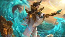 Rule 34 | 1boy, alternate costume, arena of valor, arrow (projectile), brown gloves, brown hair, commentary, english commentary, gloves, holding, holding arrow, hydrokinesis, laville, male focus, outdoors, short hair, solan, solo, standing, vietnamese clothes, water, watermark, waves, web address, wide sleeves