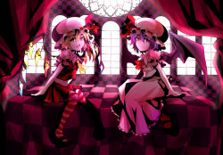 Rule 34 | 2girls, bat wings, blonde hair, crystal, curtains, fang, female focus, flandre scarlet, hat, hat ribbon, mephisto (angraecum), multiple girls, open mouth, puffy sleeves, purple hair, remilia scarlet, ribbon, short hair, short sleeves, siblings, sisters, smile, thighhighs, touhou, window, wings