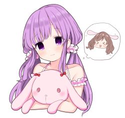 Rule 34 | 2girls, alternate hair color, bandaid, bandaid on face, bare shoulders, blush, breasts, caracorn, chibi, chibi inset, closed mouth, collarbone, dot nose, hair ornament, hair scrunchie, holding, holding stuffed toy, idolmaster, idolmaster shiny colors, long hair, looking at viewer, medium breasts, multiple girls, pink scrunchie, purple eyes, scrunchie, sidelocks, simple background, smile, stuffed animal, stuffed rabbit, stuffed toy, thought bubble, tsukioka kogane, twintails, upper body, white background, yukoku kiriko