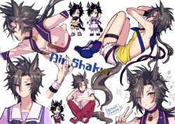 Rule 34 | 1girl, air shakur (umamusume), animal ears, backless outfit, black hair, black nails, blush, breasts, character name, chibi, choker, cropped jacket, eyebrow piercing, hi (ibisf5umauma), highres, horse ears, horse girl, horse tail, jacket, long hair, looking at viewer, looking to the side, multiple views, nail polish, one eye closed, pants, parted bangs, piercing, purple shirt, red pants, red vest, sailor collar, school uniform, shirt, shoes, shorts, simple background, small breasts, sneakers, sparkle, starting future (umamusume), tail, thigh strap, tracen school uniform, twitter username, umamusume, v, vest, white background, white jacket, white shorts, wristband, yellow eyes, yellow shirt