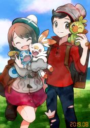 Rule 34 | 1boy, 1girl, absurdres, backpack, bag, beanie, blush, boots, brown bag, brown eyes, brown footwear, brown hair, buttons, cable knit, cardigan, closed eyes, closed mouth, cloud, commentary request, coogee, creatures (company), day, denim, dress, game freak, gen 8 pokemon, gloria (pokemon), green headwear, grey cardigan, grey headwear, grookey, hat, highres, holding, holding pokemon, huge filesize, jeans, leg up, nintendo, on shoulder, open mouth, outdoors, pants, pink dress, plaid, pokemon, pokemon (creature), pokemon on shoulder, pokemon swsh, red shirt, scorbunny, shirt, sky, sleeves rolled up, smile, sobble, standing, starter pokemon trio, suitcase, swept bangs, tam o&#039; shanter, torn clothes, torn jeans, torn pants, victor (pokemon)