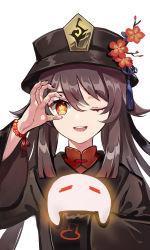 Rule 34 | 1girl, ;d, bead bracelet, beads, black hat, black nails, boo tao (genshin impact), bracelet, brown hair, cang yan, closed eyes, flower, genshin impact, ghost, hat, highres, hu tao (genshin impact), jewelry, long sleeves, looking at viewer, nail polish, one eye closed, open mouth, ring, simple background, smile, solo, top hat, twintails, white background