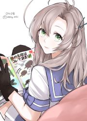 Rule 34 | 1girl, ahoge, antenna hair, artist name, bad id, bad twitter id, black gloves, black thighhighs, blouse, blue theme, dated, dutch angle, from behind, gloves, green eyes, hair ornament, hair over shoulder, hair tie, journal, kantai collection, kinugasa (kancolle), kinugasa kai ni (kancolle), lips, long hair, looking back, morinaga miki, one side up, pillow, pink hair, pleated skirt, raised eyebrows, ribbon, sailor collar, school uniform, serafuku, shirt, short sleeves, side ponytail, simple background, sitting, skirt, solo, tareme, thighhighs, translation request, twitter username, white background, white shirt