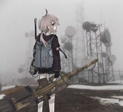 Rule 34 | 1girl, absurdres, ahoge, american flag, arm at side, backpack, bag, black gloves, black jacket, black skirt, bolt action, brown eyes, brown hair, cheytac m200, closed mouth, day, dirt road, expressionless, feet out of frame, fence, fog, from behind, girls&#039; frontline, gloves, gun, hand up, highres, holding, holding gun, holding weapon, hood, hood down, hooded jacket, jacket, long legs, long sleeves, lovell (v311), low ponytail, m200 (girls&#039; frontline), miniskirt, outdoors, patch, photo background, profile, radio tower, rifle, road, shoulder patch, signature, skirt, sniper rifle, snow, snowing, solo, standing, unworn headphones, weapon