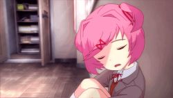 Rule 34 | 1girl, animated, animated gif, blazer, brown jacket, cupboard, doki doki literature club, fang, female focus, hair ornament, happy, indoors, jacket, kneehighs, looking at viewer, matching hair/eyes, natsuki (doki doki literature club), open mouth, pink eyes, pink hair, red ribbon, ribbon, school uniform, shirt, short hair, short twintails, sitting, sleeping, slothitice, smile, socks, solo, twintails, waking up, white shirt, white socks