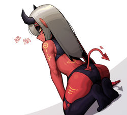 Rule 34 | 1girl, absurdres, back, bad id, bad pixiv id, bare shoulders, black horns, black sclera, body markings, closed mouth, clothing cutout, cocomayo29 (tomato), colored sclera, colored skin, demon girl, demon horns, demon tail, english text, facial hair, facial mark, grey hair, highres, horns, kneeling, long hair, looking back, no shoes, orange eyes, original, pointy ears, purple thighhighs, red skin, simple background, smile, solo, tail, thighhighs, torn, torn clothes, triangle cutout, whisker markings, white background