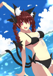 Rule 34 | 1girl, animal ears, bad id, bad pixiv id, beach, bikini, bow, braid, cat ears, cat tail, cloud, day, front-tie top, hair bow, heart, heart in mouth, jont, kaenbyou rin, long hair, multiple tails, ocean, outdoors, red eyes, red hair, ribbon, sky, solo, swimsuit, tail, touhou, twin braids, twintails, water