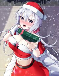 Rule 34 | 1girl, absurdres, box, breasts, christmas, cleavage, gift, gift box, highres, long hair, looking at viewer, open mouth, santa costume, senki zesshou symphogear, solo, watchimen, white hair, yukine chris