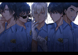 Rule 34 | 5boys, absurdres, adjusting clothes, adjusting eyewear, adjusting gloves, amuro tooru, black hair, blonde hair, blouse, blue eyes, blue shirt, buttons, chitose (chitose 70207), cigarette, closed mouth, collared shirt, column lineup, commentary request, date wataru, dress shirt, english text, gloves, grin, hagiwara kenji, hair between eyes, hand up, highres, holding, holding cigarette, letterboxed, looking at viewer, male focus, matsuda jinpei, meitantei conan, mouth hold, multiple boys, parted lips, police, police uniform, policeman, scotch (meitantei conan), serious, shirt, short hair, smile, smirk, smoke, smoking, sunglasses, teeth, uniform, upper body, white background, white gloves