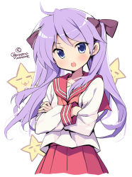 Rule 34 | 1girl, black ribbon, blouse, blue eyes, blush, commentary, cropped torso, crossed arms, frown, hair ribbon, hiiragi kagami, long hair, long sleeves, looking at viewer, lucky star, neckerchief, odawara hakone, open mouth, pleated skirt, purple hair, red sailor collar, red skirt, ribbon, ryouou school uniform, sailor collar, school uniform, serafuku, shirt, skirt, solo, standing, star (symbol), twintails, twitter username, white background, white shirt