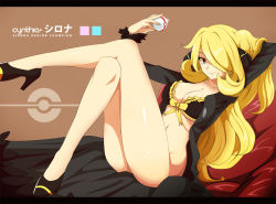 Rule 34 | 00s, 1girl, alternate color, bad deviantart id, bad id, bikini, bikini top only, bikini under clothes, blonde hair, bottomless, bow, breasts, character name, cleavage, coat, creatures (company), crossed legs, cynthia (pokemon), english text, front-tie top, fur trim, game freak, hair ornament, hair over one eye, high heels, holding, jacket, large breasts, leg up, letterboxed, long hair, long sleeves, looking at viewer, md5 mismatch, nintendo, no panties, poke ball, poke ball print, pokemon, pokemon dppt, premier ball, resized, resolution mismatch, shiny skin, sitting, solo, swimsuit, swimsuit under clothes, vivivoovoo, yellow eyes