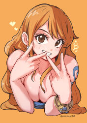 Rule 34 | 1girl, aosora2823, arm tattoo, bare shoulders, belly sign, blush, bracelet, breasts, cleavage, double v, grin, heart, highres, jewelry, large breasts, log pose, long hair, looking at viewer, nami (one piece), one piece, orange background, orange hair, simple background, smile, solo, tattoo, twitter username, v, very long hair