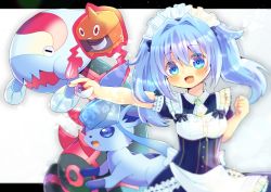 Rule 34 | 1girl, :d, alolan form, alolan vulpix, apron, blue dress, blue eyes, blue hair, blush, breasts, character request, commentary request, commission, creatures (company), dracovish, dress, frilled apron, frills, game freak, gen 4 pokemon, gen 7 pokemon, gen 8 pokemon, hair between eyes, hair intakes, holding, holding poke ball, indie virtual youtuber, kou hiyoyo, letterboxed, long hair, maid headdress, nintendo, open mouth, outstretched arm, poke ball, poke ball (basic), pokemon, pokemon (anime), pokemon (creature), pokemon sm (anime), puffy short sleeves, puffy sleeves, ribbon-trimmed sleeves, ribbon trim, rotom, rotom (heat), short sleeves, small breasts, smile, twintails, virtual youtuber, waist apron, white apron