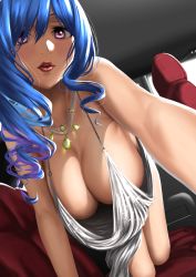 Rule 34 | 1girl, azur lane, backless dress, backless outfit, bare shoulders, blue hair, breasts, car interior, cleavage, downblouse, dress, evening gown, hair between eyes, halter dress, halterneck, hanging breasts, highres, huge breasts, jaga stick, jewelry, lips, lipstick, looking at viewer, makeup, necklace, no bra, pink eyes, plunging neckline, red lips, revealing clothes, sagging breasts, side ponytail, sidelocks, silver dress, solo, st. louis (azur lane), st. louis (luxurious wheels) (azur lane)