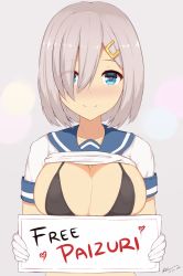 Rule 34 | 10s, 1girl, bad id, bad pixiv id, bikini, black bikini, blue eyes, blush, breasts, cleavage, clothes lift, collarbone, dated, english text, eyes visible through hair, gloves, hair ornament, hair over one eye, hairclip, hamakaze (kancolle), heart, heart-shaped pupils, holding, holding sign, kantai collection, kuavera, large breasts, looking at viewer, paizuri invitation, school uniform, serafuku, shirt lift, short hair, sign, signature, silver hair, simple background, smile, solo, swimsuit, symbol-shaped pupils, translated, twitter username, white gloves