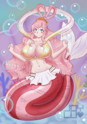 Rule 34 | 1girl, absurdres, bikini, bikini top only, blue eyes, blush, blush stickers, breasts, bubble, collarbone, headpiece, highres, huge breasts, joylewds, long hair, looking at viewer, mermaid, midriff, monster girl, navel, one piece, pink hair, shirahoshi, solo, swimsuit