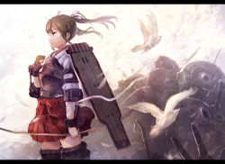 Rule 34 | 10s, 1girl, bandages, bandaged arm, bandages, bird, boots, bow (weapon), brown eyes, brown gloves, brown hair, clenched hand, scar on face, fingerless gloves, flight deck, gloves, hair ornament, hair ribbon, holding, japanese clothes, kantai collection, letterboxed, looking away, muneate, partially fingerless gloves, partly fingerless gloves, pleated skirt, ribbon, scar, scar on cheek, scar on face, skirt, sumisu (mondo), thigh boots, thighhighs, twintails, weapon, wind, yugake, zettai ryouiki, zuikaku (kancolle)