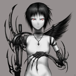 Rule 34 | 1girl, android, bad id, bad pixiv id, black hair, black wings, choker, gia, jewelry, necklace, pale skin, red eyes, robot, short hair, skeleton, solo, wings