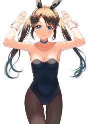 Rule 34 | 1girl, :3, animal ear hairband, animal ears, armpits, arms up, bare arms, bare shoulders, black leotard, blue choker, blue eyes, breasts, brown hair, brown pantyhose, choker, collarbone, covered navel, cowboy shot, fake animal ears, hairband, highres, idolmaster, idolmaster shiny colors, leotard, long hair, looking at viewer, mitsumine yuika, pantyhose, playboy bunny, rabbit ear hairband, rabbit ears, rangen, ribbon choker, simple background, small breasts, smile, solo, standing, strapless, strapless leotard, twintails, white background, wrist cuffs