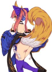 Rule 34 | 10s, 1girl, animal ears, ass, black footwear, bow, closed mouth, cowboy shot, detached sleeves, fate/extra, fate (series), female focus, fox ears, fox girl, fox tail, from behind, hair bow, japanese clothes, large bow, leg up, long hair, looking at viewer, looking back, no panties, obi, pelvic curtain, pink hair, profile, purple bow, purple thighhighs, sandals, sash, shoes, simple background, solo, standing, standing on one leg, tail, tamamo (fate), tamamo no mae (fate/extra), tangamja, tassel, thighhighs, thighs, twintails, white background, yellow eyes