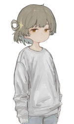 Rule 34 | 1girl, :/, alternate costume, arms at sides, asasow, brown eyes, casual, cowboy shot, grey pants, grey sweater, hair ornament, half-closed eyes, hatoba tsugu, long sleeves, looking at viewer, pants, short hair, simple background, single hair ring, sleeves past fingers, sleeves past wrists, solo, star (symbol), star hair ornament, sweater, tsugu (vtuber), virtual youtuber, white background