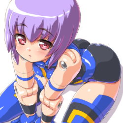 Rule 34 | 10s, ass, bad id, bad pixiv id, blush, busou shinki, dd (ijigendd), doll joints, espadia, joints, purple hair, red eyes, short hair, simple background, sitting, thighhighs, white background