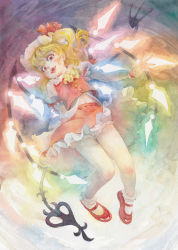 Rule 34 | 1girl, arm behind back, ascot, blonde hair, bloomers, blush, bobby socks, colored eyelashes, commentary request, fangs, flandre scarlet, frilled shirt collar, frilled sleeves, frills, full body, glowing, glowing wings, hat, hat ribbon, laevatein, looking at viewer, mary janes, medium hair, midriff peek, misawa hiroshi, mob cap, one side up, open mouth, painting (medium), petticoat, puffy short sleeves, puffy sleeves, red eyes, red footwear, red ribbon, red skirt, red vest, ribbon, shirt, shoes, short sleeves, skirt, smile, socks, solo, touhou, traditional media, underwear, upskirt, vest, watercolor (medium), white shirt, white socks, wide-eyed, wings, wrist cuffs, yellow ascot