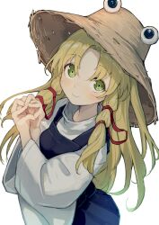 Rule 34 | 1girl, blonde hair, blush, bouhuman, brown hat, closed mouth, commentary, green eyes, hat, highres, long hair, long sleeves, looking at viewer, moriya suwako, own hands together, parted bangs, sidelocks, simple background, smile, solo, touhou, white background, wide sleeves