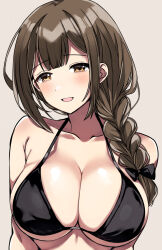 Rule 34 | 1girl, armpit crease, arms at sides, bare arms, bare shoulders, bikini, black bikini, black bow, blunt bangs, blush, bow, braid, braided ponytail, breasts, brown background, brown hair, cleavage, collarbone, commentary, hair bow, hair over shoulder, halterneck, highres, idolmaster, idolmaster shiny colors, kuwayama chiyuki, large breasts, long hair, looking at viewer, low ponytail, parted lips, raised eyebrows, simple background, single braid, smile, solo, swimsuit, upper body, urabanasimati, yellow eyes