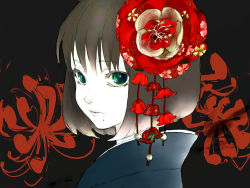 Rule 34 | 1boy, androgynous, black background, blue eyes, bob cut, brown hair, child, crossdressing, flower, hair flower, hair ornament, hunter x hunter, japanese clothes, kalluto zoldyck, kimono, looking at viewer, male focus, mole, mole under mouth, rb tks, simple background, solo, spider lily, traditional clothes, trap
