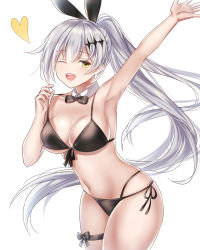 Rule 34 | 1girl, ;d, arm up, bare shoulders, bikini, black bikini, black ribbon, blush, bow, bowtie, breasts, closed mouth, contrapposto, cowboy shot, detached collar, eyebrows, five-seven (cruise queen) (girls&#039; frontline), five-seven (girls&#039; frontline), girls&#039; frontline, groin, hair between eyes, hair ornament, hand up, high ponytail, highres, hip focus, large breasts, lemode, long hair, looking at viewer, lowleg, lowleg bikini, multi-strapped bikini, navel, official alternate costume, one eye closed, open mouth, ponytail, ribbon, shiny skin, side-tie bikini bottom, sidelocks, silver hair, simple background, skindentation, smile, solo, standing, stomach, swimsuit, thighs, very long hair, white background, wide hips, yellow eyes