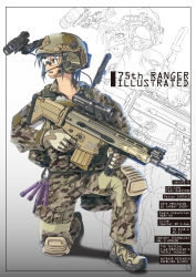 Rule 34 | 1girl, absurdres, american flag, assault rifle, battle dress uniform, boots, camouflage, camouflage pants, carabiner, cargo pants, combat boots, cross-laced footwear, flashlight, fn scar, gloves, glowstick, grey background, gun, headset, helmet, highres, knee pads, kneeling, lace-up boots, long sleeves, looking to the side, military, night-vision device, on one knee, original, pants, rifle, safety glasses, scope, shadow, tactical clothes, tom keith, trigger discipline, weapon