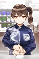 Rule 34 | 10s, 1boy, 1girl, breasts, brown eyes, brown hair, cigarette pack, convenience store, cup, double v, employee uniform, highres, id card, kaga (kancolle), kantai collection, large breasts, lawson, long sleeves, looking at viewer, money, name tag, open mouth, pov, pov hands, shirt, shop, side ponytail, striped, tanaka kusao, twitter username, uniform, v
