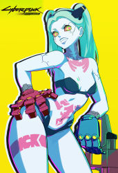 Rule 34 | 1girl, absurdres, artificial eye, blue bra, blue lips, blue panties, bra, breasts, colored sclera, colored skin, commentary, cyberpunk (series), cyberpunk edgerunners, english commentary, fang, fewer digits, green eyes, green hair, grin, hand on own hip, highres, leaning on weapon, leg tattoo, long hair, looking to the side, mechanical eye, mechanical hands, navel, neck tattoo, panties, subdermal port, rebecca (cyberpunk), red pupils, red sclera, small breasts, smile, solo, stomach tattoo, tattoo, twintails, underwear, upper body, white skin, wjsrl159, yellow background