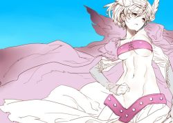 Rule 34 | 10s, 1girl, bandeau, breasts, cape, djeeta (granblue fantasy), female focus, gradient background, granblue fantasy, grey eyes, groin, head wings, koza game, medium breasts, midriff, mystic (granblue fantasy), navel, no panties, partially colored, skirt, solo, strapless, tube top, underboob, wings