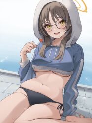 Rule 34 | 1girl, absurdres, barefoot, bikini, bikini bottom only, black bikini, blue archive, blue hoodie, blush, breasts, brown hair, candy, commentary request, cropped hoodie, drawstring, food, glasses, halo, hanazawa ma, highres, holding, holding candy, holding food, holding lollipop, hood, hood up, hoodie, large breasts, lollipop, long hair, long sleeves, looking at viewer, moe (blue archive), moe (swimsuit) (blue archive), navel, official alternate costume, open mouth, round eyewear, saliva, side-tie bikini bottom, signature, sitting, solo, swimsuit, twintails, underboob, wariza, yellow eyes, yellow halo