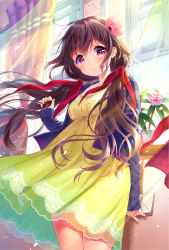 Rule 34 | 1girl, alternate hairstyle, black jacket, brown hair, curtains, dress, flower, hair between eyes, hair ornament, holding, holding letter, jacket, jewelry, kantai collection, kisaragi (kancolle), letter, long hair, long sleeves, low twintails, minami (apricot tea), pink flower, purple eyes, ring, smile, solo, twintails, wedding band, window, yellow dress