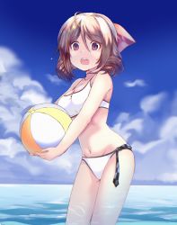 Rule 34 | 1girl, asaoka (0x0), ball, bikini, blue sky, bow, brown hair, checkered clothes, checkered necktie, checkered neckwear, cloud, commentary request, cosplay, day, drill hair, feet out of frame, hair bow, harukaze (kancolle), horizon, kantai collection, necktie, ocean, open mouth, outdoors, red bow, red eyes, sky, solo, standing, swimsuit, tenryuu (kancolle), tenryuu (kancolle) (cosplay), twin drills, white bikini