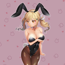 Rule 34 | 10s, 1girl, absurdres, animal ears, arm under breasts, bang dream!, bare shoulders, black leotard, blonde hair, blush, breasts, brown eyes, brown pantyhose, cameltoe, cleavage, closed mouth, covered navel, detached collar, dopamine70, fake animal ears, gluteal fold, hair ornament, hair ribbon, heart, highleg, highleg leotard, highres, ichigaya arisa, large breasts, leotard, lips, long hair, looking away, pantyhose, pink background, playboy bunny, rabbit ears, rabbit tail, red neckwear, ribbon, sidelocks, simple background, solo, standing, strapless, strapless leotard, tail, thigh gap, twintails, white ribbon, x hair ornament