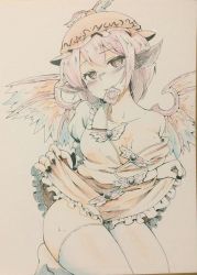 Rule 34 | 1girl, animal ears, bird wings, blush, breasts, brown dress, brown eyes, clothes lift, collarbone, come hither, condom, condom in mouth, dress, dress lift, fingernails, hat, head tilt, heart, heart-shaped pupils, juliet sleeves, long sleeves, looking at viewer, mouth hold, mystia lorelei, off shoulder, open clothes, open dress, pink hair, puffy sleeves, sharp fingernails, shirt, simple background, solo, sweat, symbol-shaped pupils, thighhighs, touhou, traditional media, white thighhighs, wings, yocchi (tenyunkel), zettai ryouiki