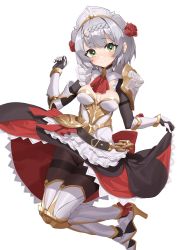 Rule 34 | 1girl, absurdres, armor, armored boots, black pantyhose, boobplate, boots, braid, braided bangs, breastplate, breasts, chain, combat maid, dress, flower, gauntlets, genshin impact, green eyes, grey hair, hair flower, hair ornament, high heel boots, high heels, highres, maid, maid headdress, medium breasts, noelle (genshin impact), pantyhose, red flower, red rose, rose, rui (rei leyi), short hair, shoulder armor, simple background, skirt hold, solo, thigh boots, thighband pantyhose, thighhighs, white background