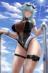 Rule 34 | 1girl, archstreal, artist name, bare shoulders, blue hair, blue nails, blush, breasts, closed mouth, eula (genshin impact), from below, genshin impact, goggles, goggles on head, hairband, hand on railing, highres, large breasts, looking at viewer, looking down, medium hair, nail polish, outdoors, pouch, railing, sky, solo, swimsuit, thigh pouch, thigh strap, thighs, wet, yellow eyes, zipper