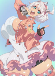 Rule 34 | 1girl, ahoge, blue eyes, bouncing breasts, bracelet, breasts, collar, elphelt valentine, gloves, guilty gear, guilty gear strive, hairband, highres, ippo, jacket, jewelry, large breasts, leather, leather jacket, long sleeves, looking at viewer, open mouth, pink jacket, short hair, skirt, smile, solo, spiked bracelet, spiked collar, spiked hairband, spikes, thick thighs, thighhighs, thighs, white hair