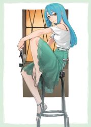 Rule 34 | 1girl, bang-you, bar stool, belt, blue hair, blush, bra strap, closed mouth, commentary, feet, hair between eyes, hand on ankle, holding, holding shoes, lace trim, long hair, long skirt, looking at viewer, nail polish, off-shoulder shirt, off shoulder, original, pale skin, project luminasys, sandals, shirt, shoes, short sleeves, simple background, skirt, smile, solo, stool, thick eyebrows, white shirt, windowsill, yellow eyes, yurizono eryu