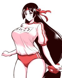 Rule 34 | 1girl, alternate costume, arms at sides, blouse, blush, breasts, buruma, character name, clothes writing, cowboy shot, fate/grand order, fate (series), from side, gym shirt, hair between eyes, hairband, highres, hip focus, huge breasts, kanno takanori, legs together, long hair, looking at viewer, low-tied long hair, minamoto no raikou (fate), monochrome, name tag, parted bangs, red buruma, red hairband, shirt, simple background, smile, solo, standing, thighs, underwear, very long hair, white background, white shirt